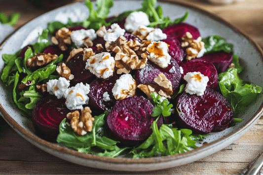 Warm Roasted Beetroot Salad with Goat Cheese, Walnuts, and Balsamic Glaze
