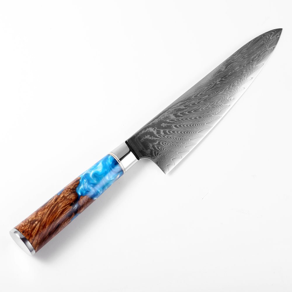 Gyuto (牛刀 牛刀) रंगीन नीले राल हैंडल के साथ दमिश्क स्टील चाकू