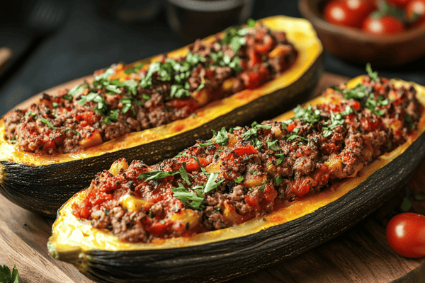 Savoury Stuffed Marrow with Herbed Mince and Tomato Sauce