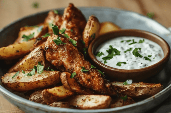 Crispy Oven-Baked Chicken Fakeaway with Spiced Wedges and Garlic Yogurt Dip