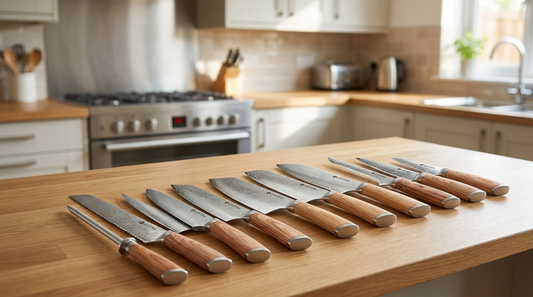 A full Japanese Damascus steel knife set laid out on a light-oak kitchen worktop