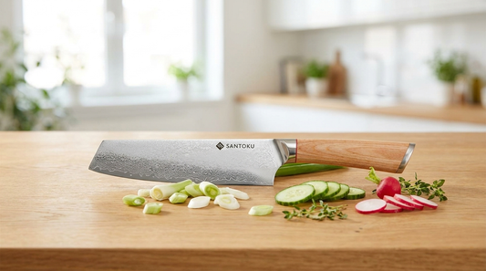 Japanese nakiri vegetable knife on a light-oak worktop with freshly sliced vegetables