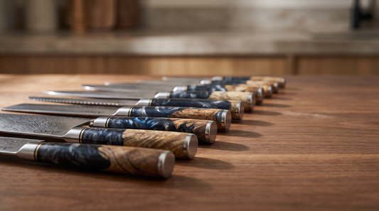 Close-up of Damascus knife handles in stabilised burl wood and black resin, fanned on a walnut worktop