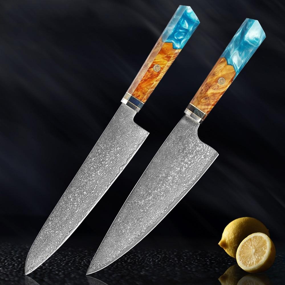 मासीतो दमिश्क स्टील चाकू रंगीन नीले रंग के साथ हैंडल के साथ