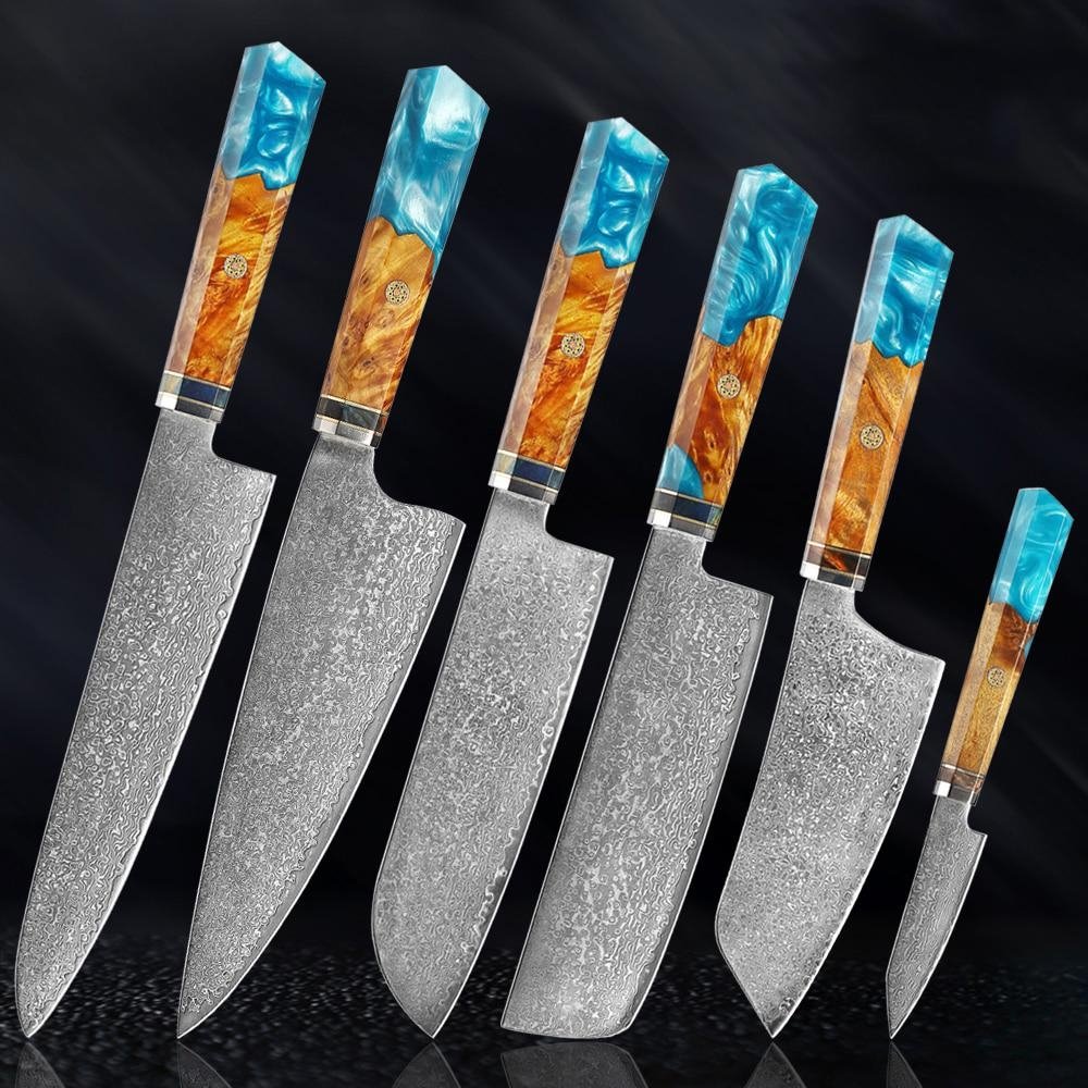 मासीतो दमिश्क स्टील चाकू रंगीन नीले रंग के साथ हैंडल के साथ
