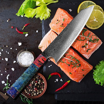 Kiritsuke (の の 原 い) दमिश्क स्टील नाइफ रंगीन आबनूस संभाल के साथ
