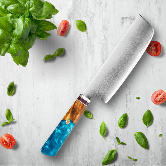 रंगीन नीले राल हैंडल के साथ Makito Damascus स्टील चाकू